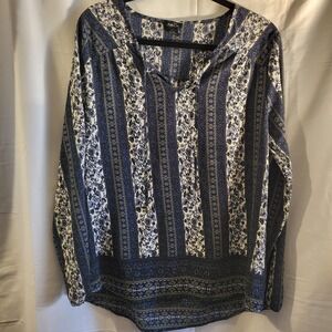 Rue 21 Womens Blue Floral Stripe Print Long Sleeve Tunic Top Size L Peasant Boho